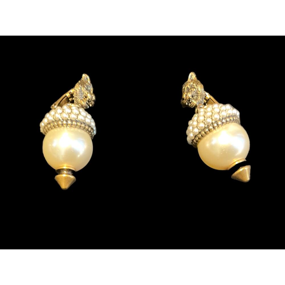 Gucci Aged Gold Tone Faux Pearl Feline Statement Clip On Earrings Vintage